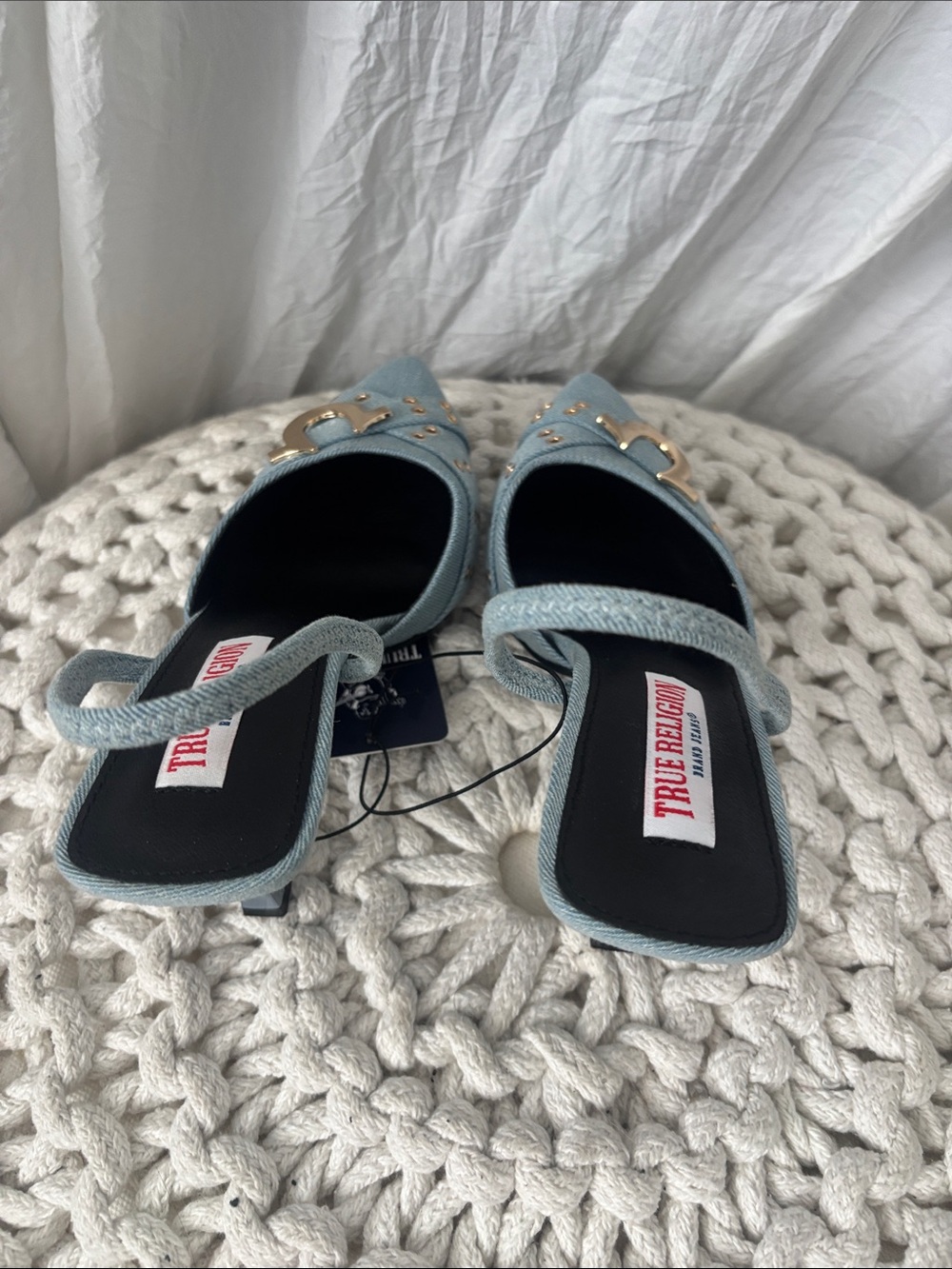 True Religion Light Blue Denim Pointed Slingback Mules with Gold Hardware - Picture 5 of 11